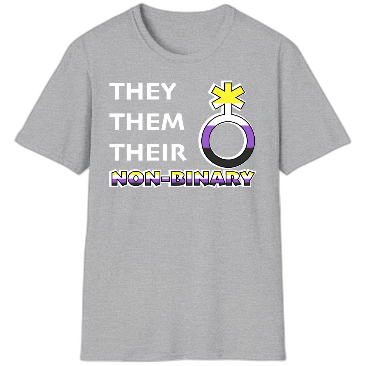 They/Them/Their Non-Binary Pride design featuring a female symbol in non-binary flag colors with bold text pronouns in Sport Grey