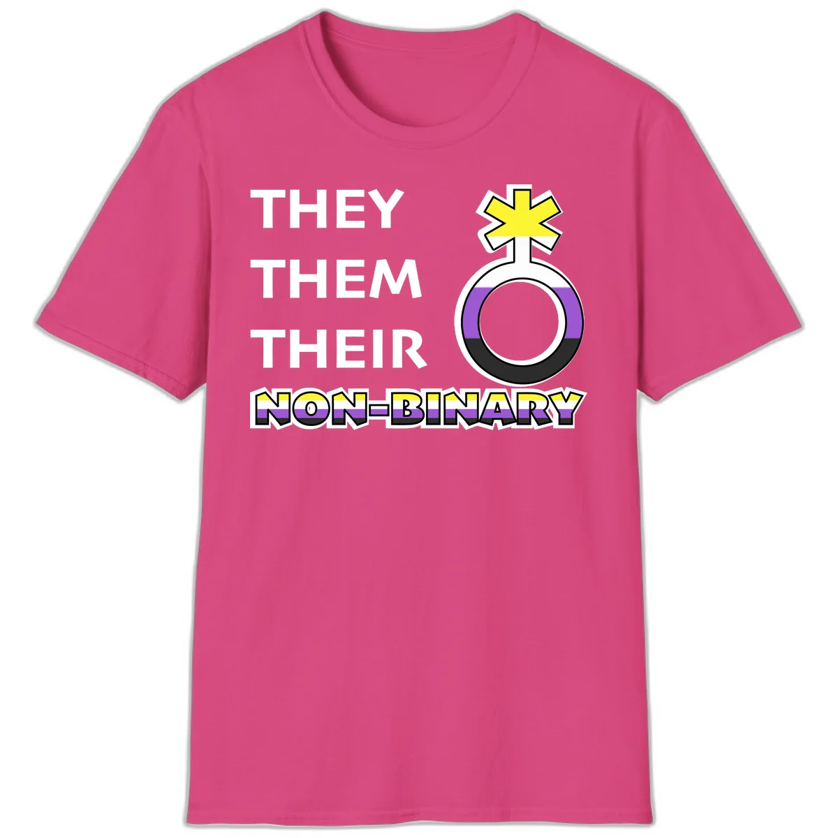 They/Them/Their Non-Binary Pride design featuring a female symbol in non-binary flag colors with bold text pronouns in Heliconia