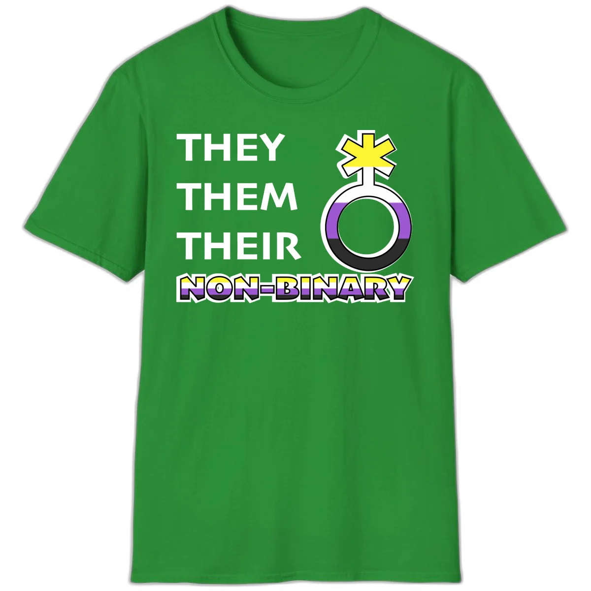 They/Them/Their Non-Binary Pride design featuring a female symbol in non-binary flag colors with bold text pronouns in Irish Green