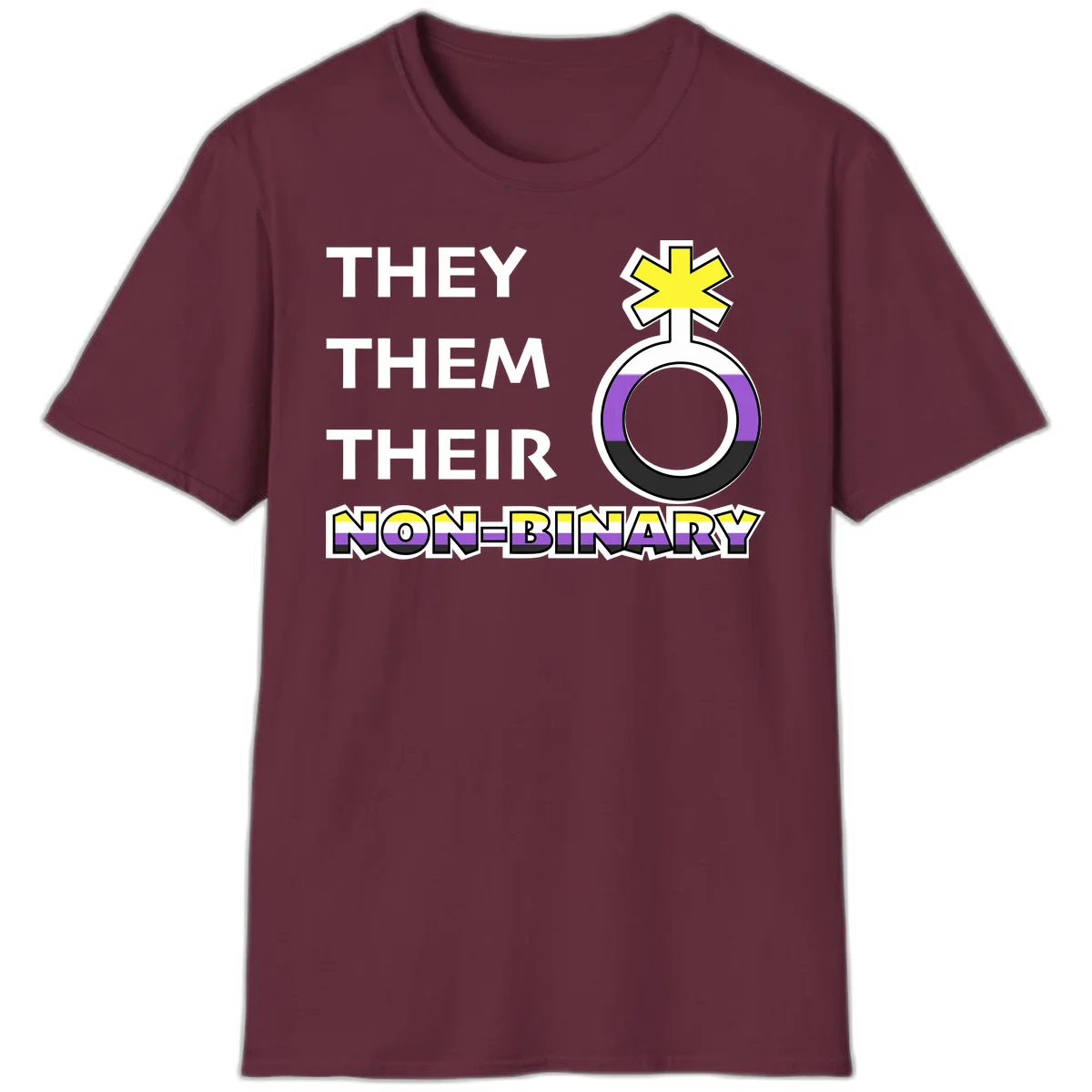 They/Them/Their Non-Binary Pride design featuring a female symbol in non-binary flag colors with bold text pronouns in Maroon