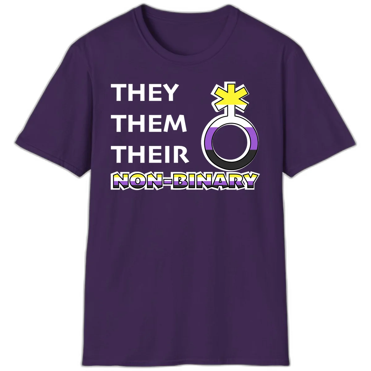 They/Them/Their Non-Binary Pride design featuring a female symbol in non-binary flag colors with bold text pronouns in Purple