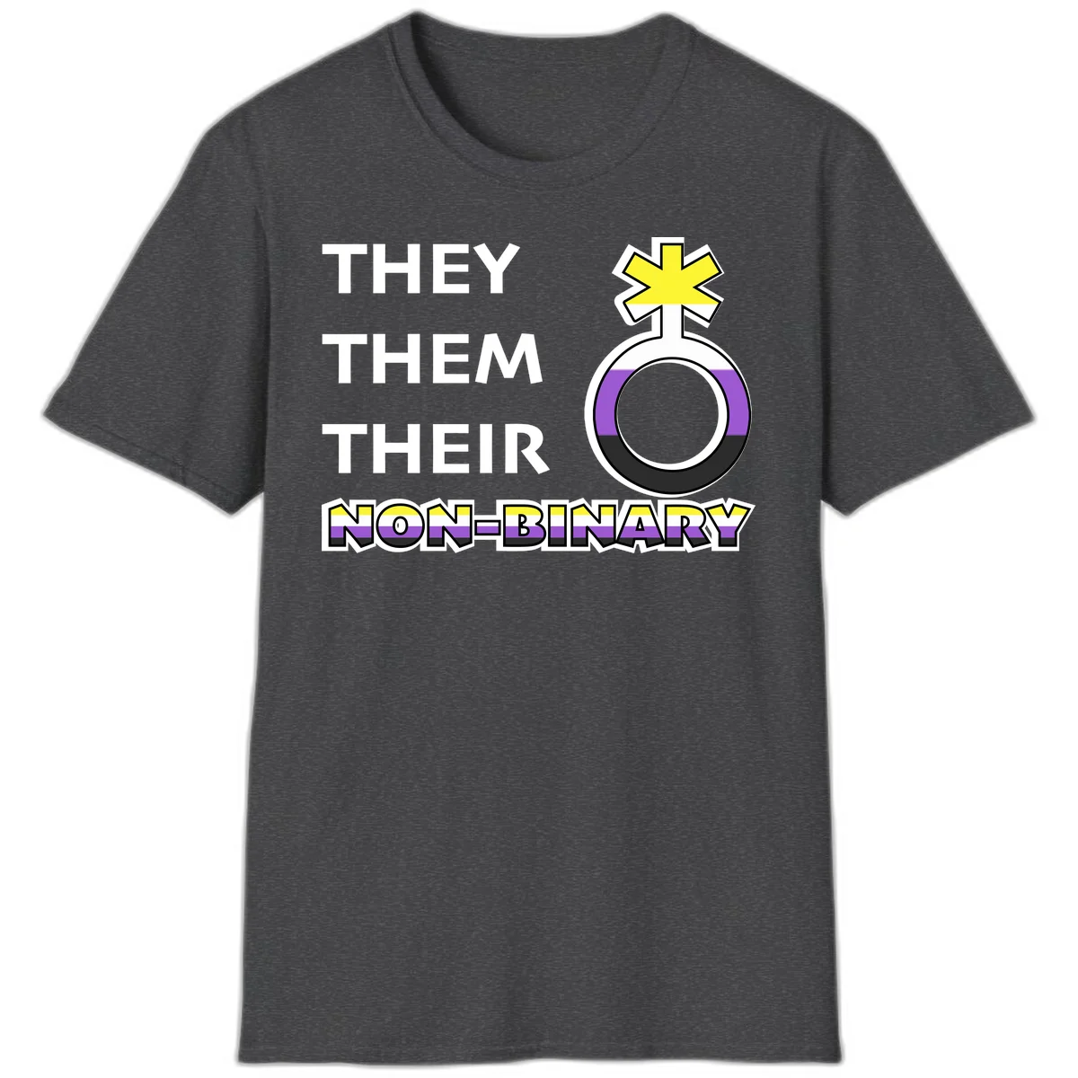 They/Them/Their Non-Binary Pride design featuring a female symbol in non-binary flag colors with bold text pronouns in Dark Heather