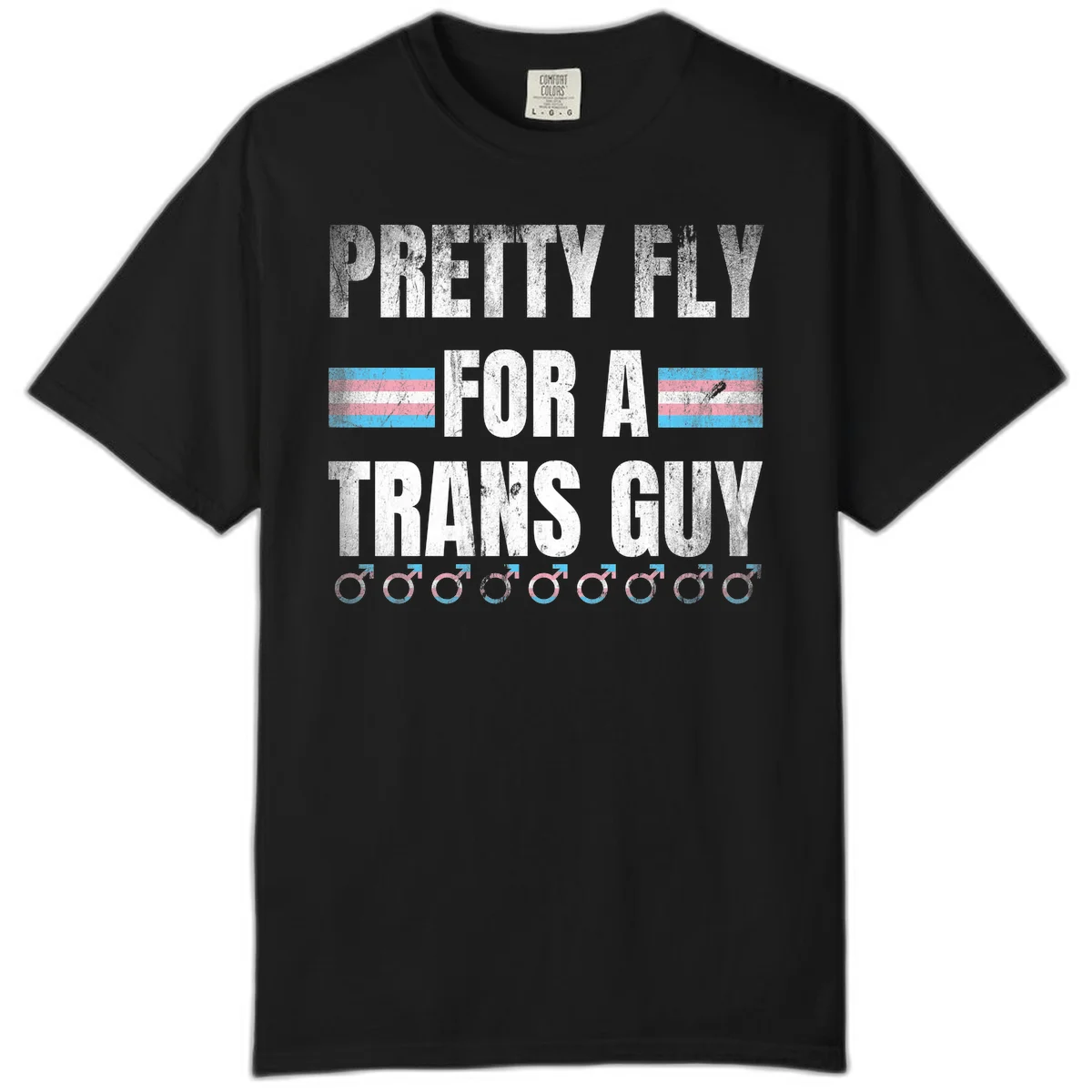 Distressed white text reading 'Pretty Fly For A Trans Guy' with blue and pink transgender pride stripes and male gender symbols in Black