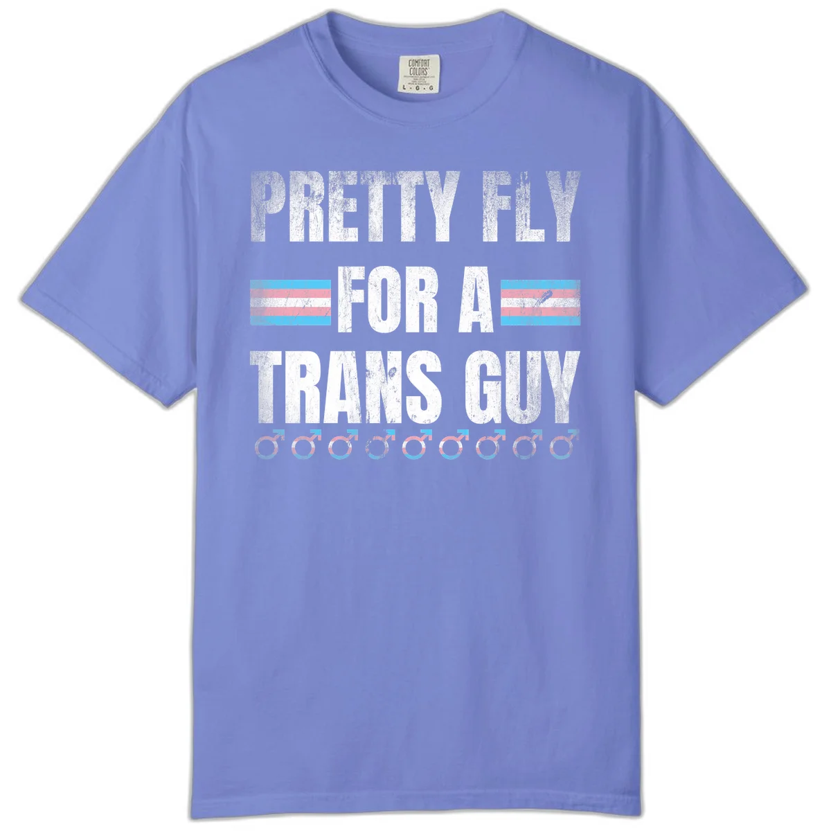 Distressed white text reading 'Pretty Fly For A Trans Guy' with blue and pink transgender pride stripes and male gender symbols in Flo Blue