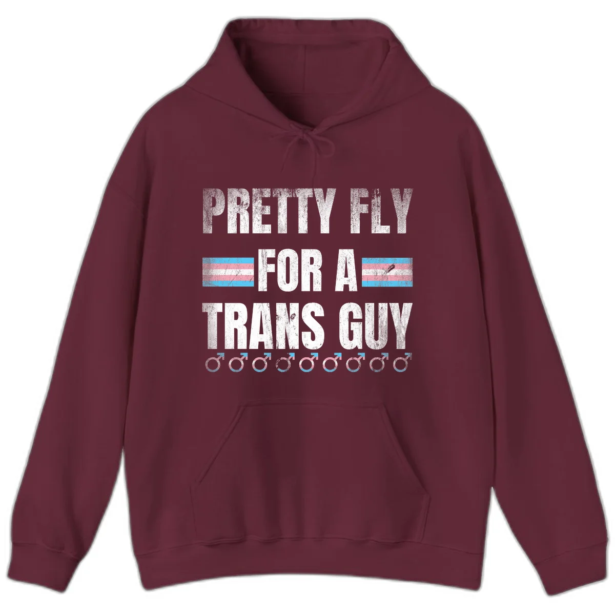 Distressed white text reading 'Pretty Fly For A Trans Guy' with blue and pink transgender pride stripes and male gender symbols in Maroon