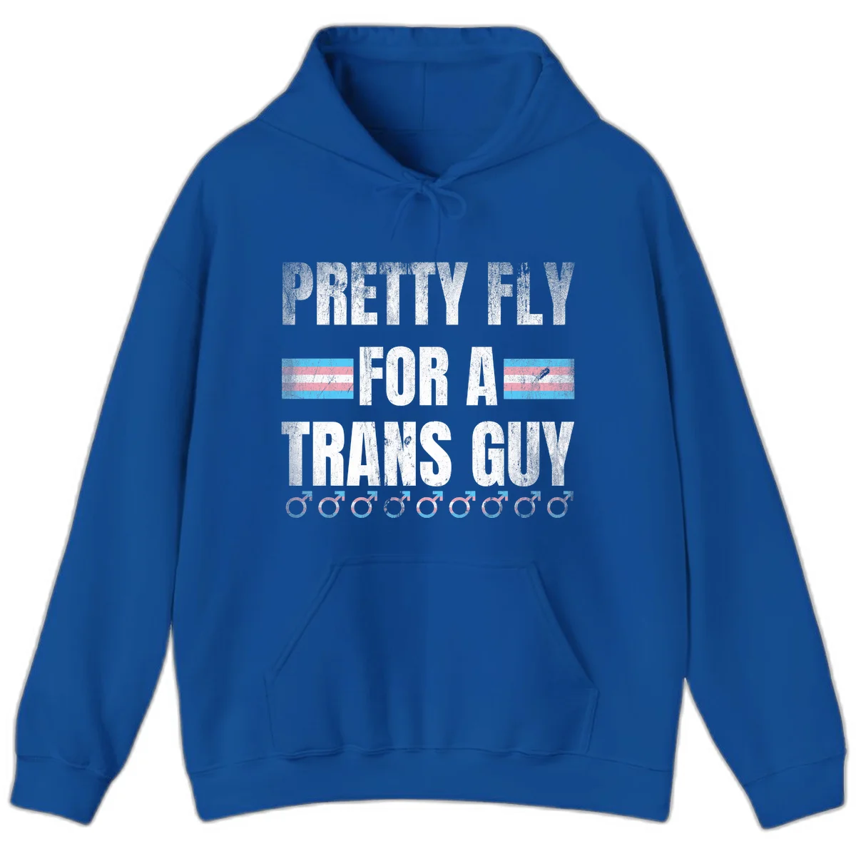Distressed white text reading 'Pretty Fly For A Trans Guy' with blue and pink transgender pride stripes and male gender symbols in Royal