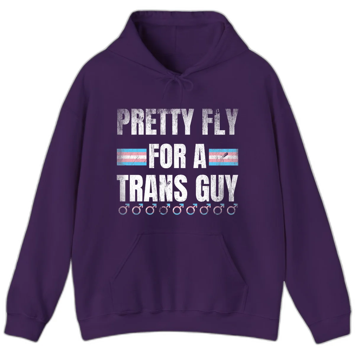 Distressed white text reading 'Pretty Fly For A Trans Guy' with blue and pink transgender pride stripes and male gender symbols in Purple