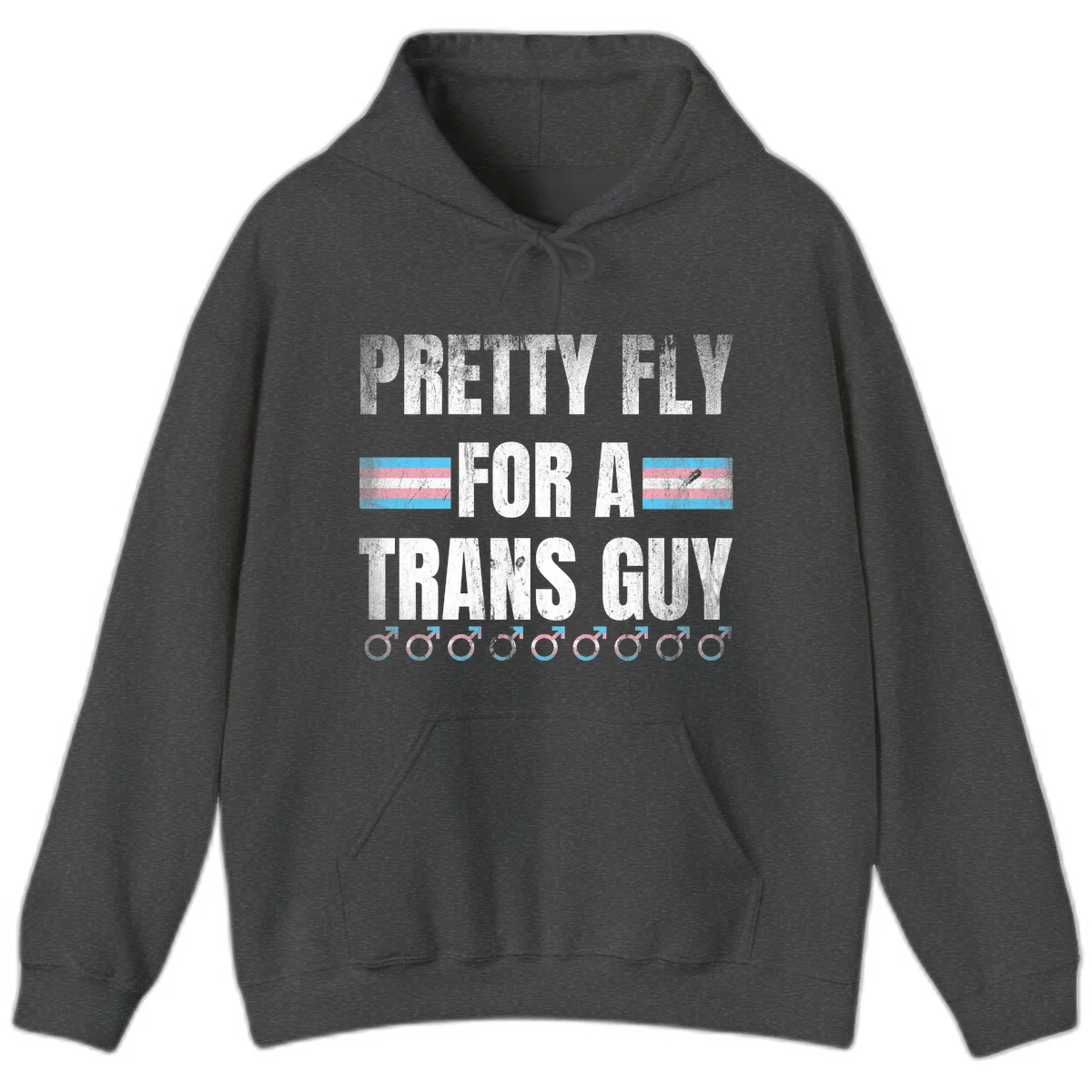 Distressed white text reading 'Pretty Fly For A Trans Guy' with blue and pink transgender pride stripes and male gender symbols in Dark Heather