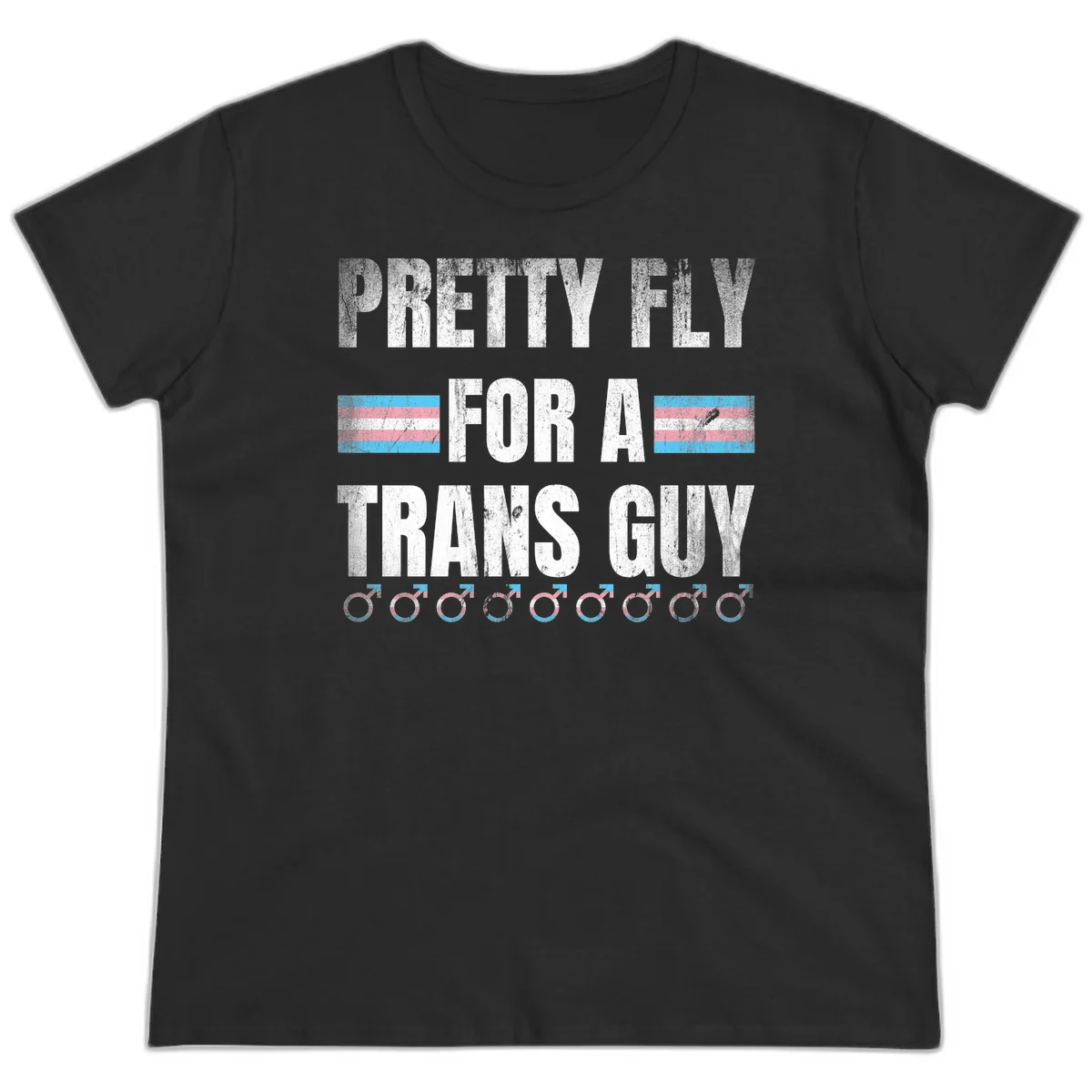Distressed white text reading 'Pretty Fly For A Trans Guy' with blue and pink transgender pride stripes and male gender symbols in Black