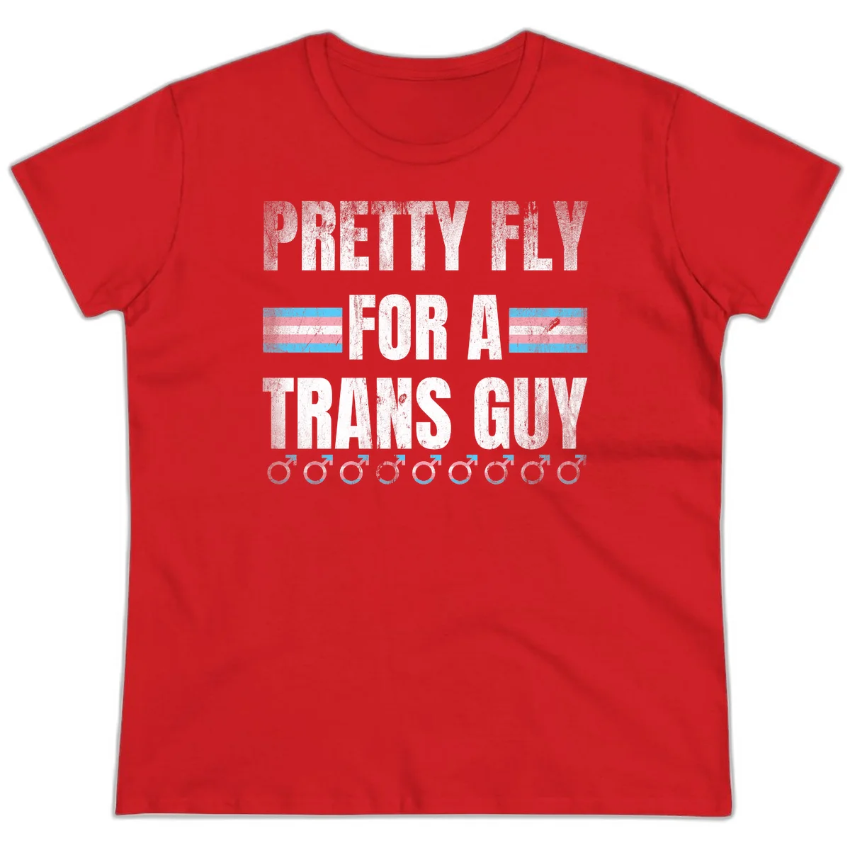 Distressed white text reading 'Pretty Fly For A Trans Guy' with blue and pink transgender pride stripes and male gender symbols in Red