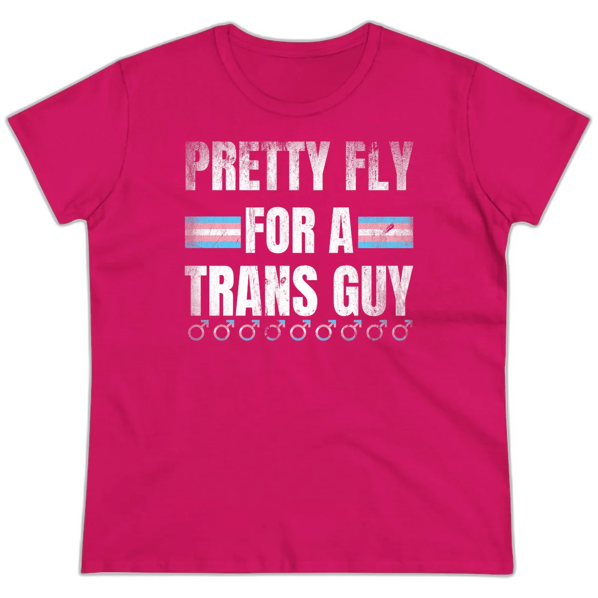 Distressed white text reading 'Pretty Fly For A Trans Guy' with blue and pink transgender pride stripes and male gender symbols in Heliconia