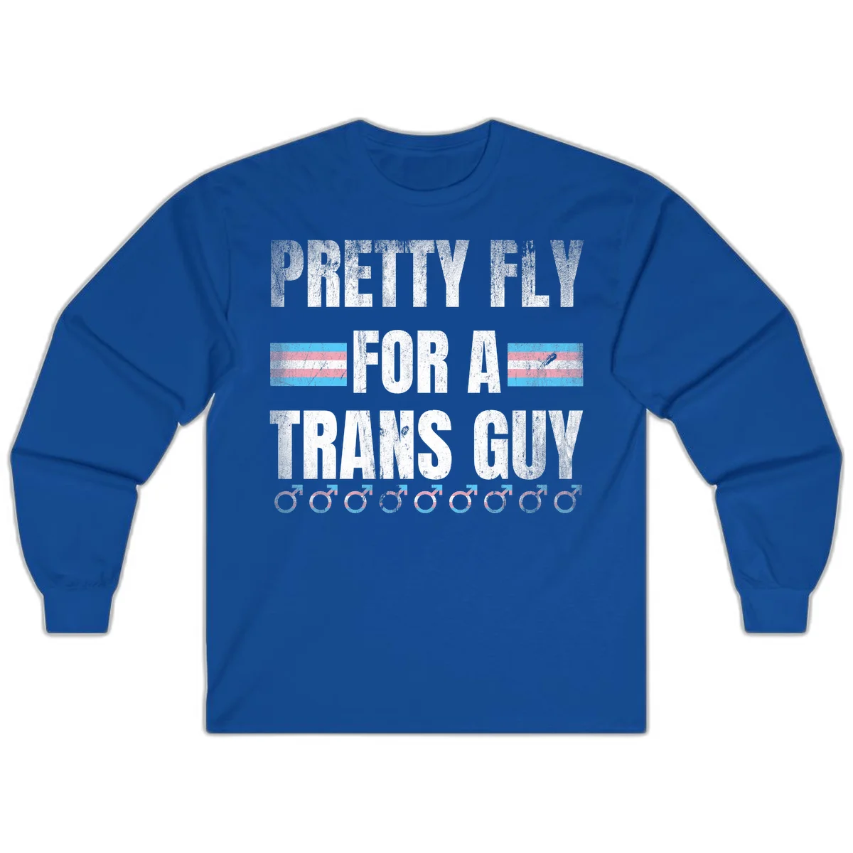 Distressed white text reading 'Pretty Fly For A Trans Guy' with blue and pink transgender pride stripes and male gender symbols in Royal