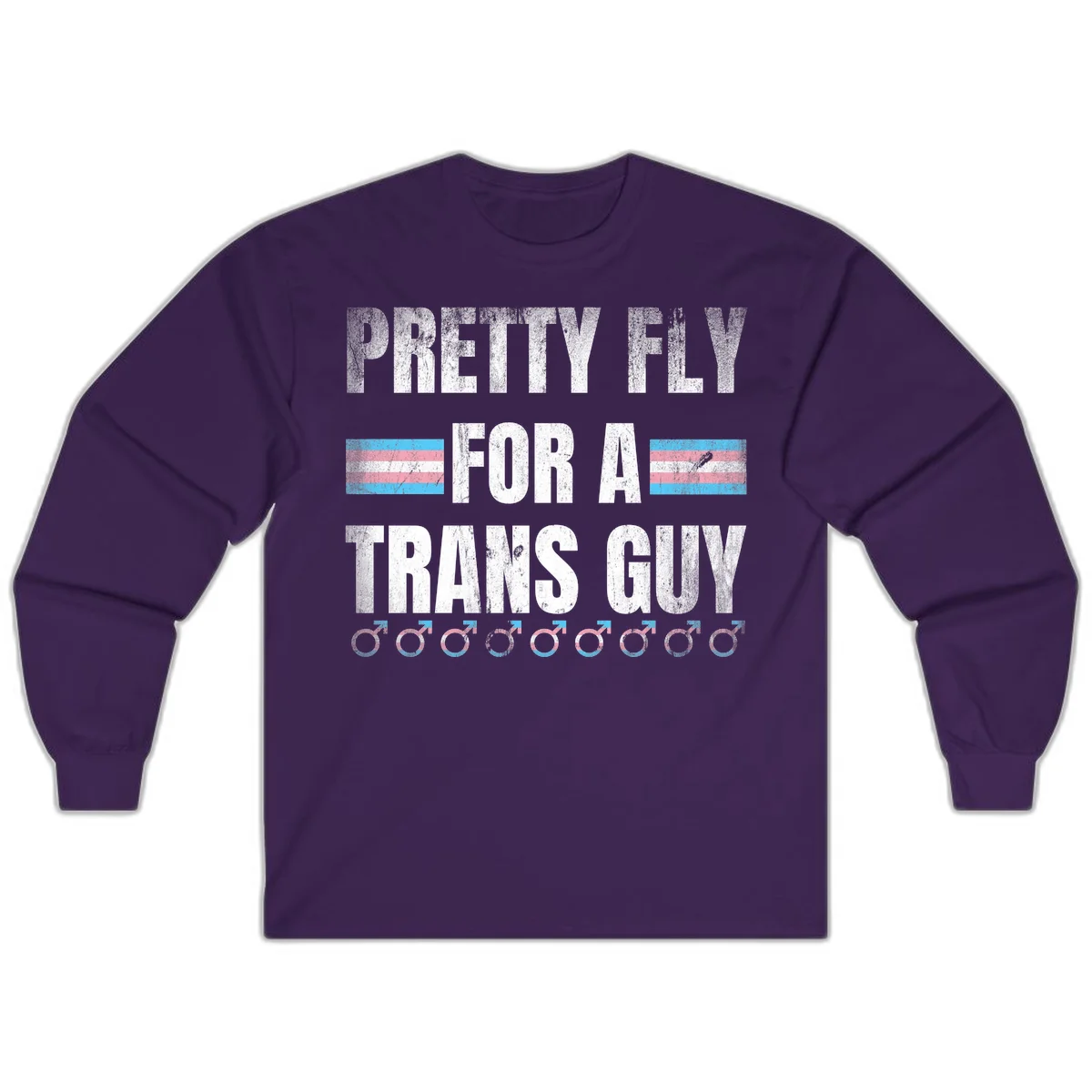 Distressed white text reading 'Pretty Fly For A Trans Guy' with blue and pink transgender pride stripes and male gender symbols in Purple