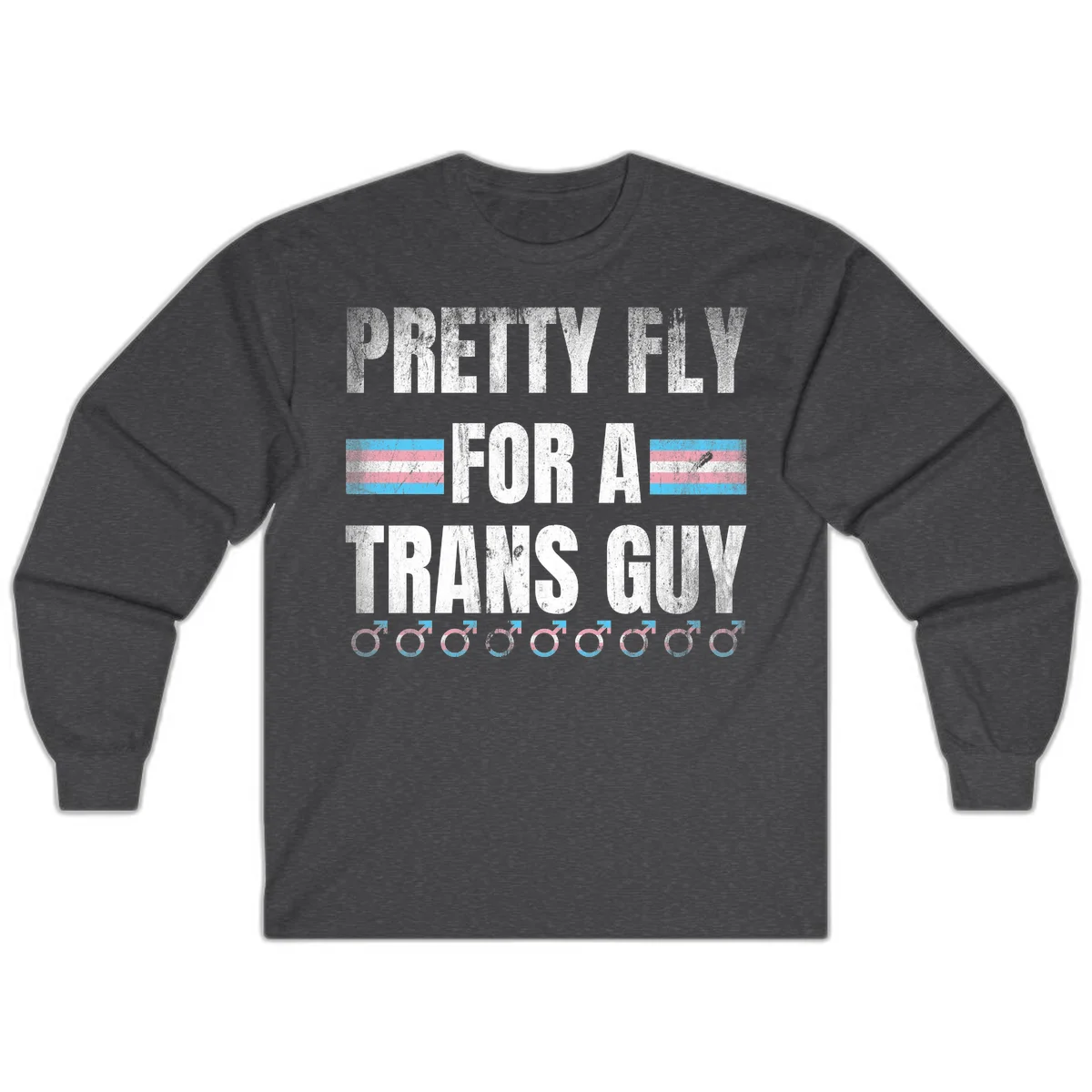 Distressed white text reading 'Pretty Fly For A Trans Guy' with blue and pink transgender pride stripes and male gender symbols in Dark Heather