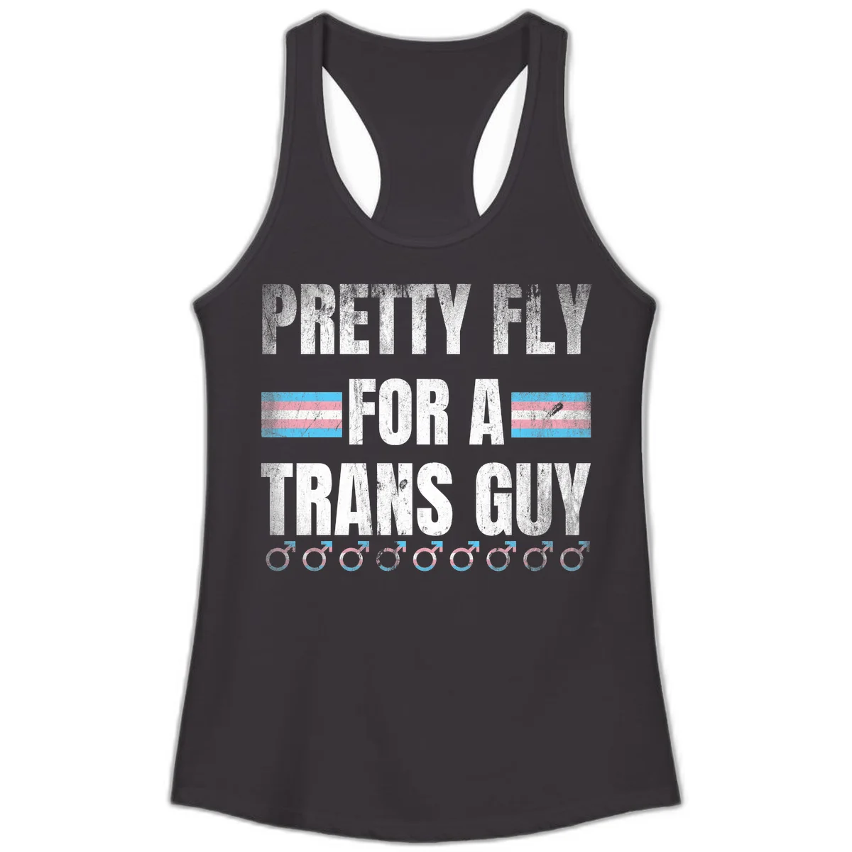 Distressed white text reading 'Pretty Fly For A Trans Guy' with blue and pink transgender pride stripes and male gender symbols in Black