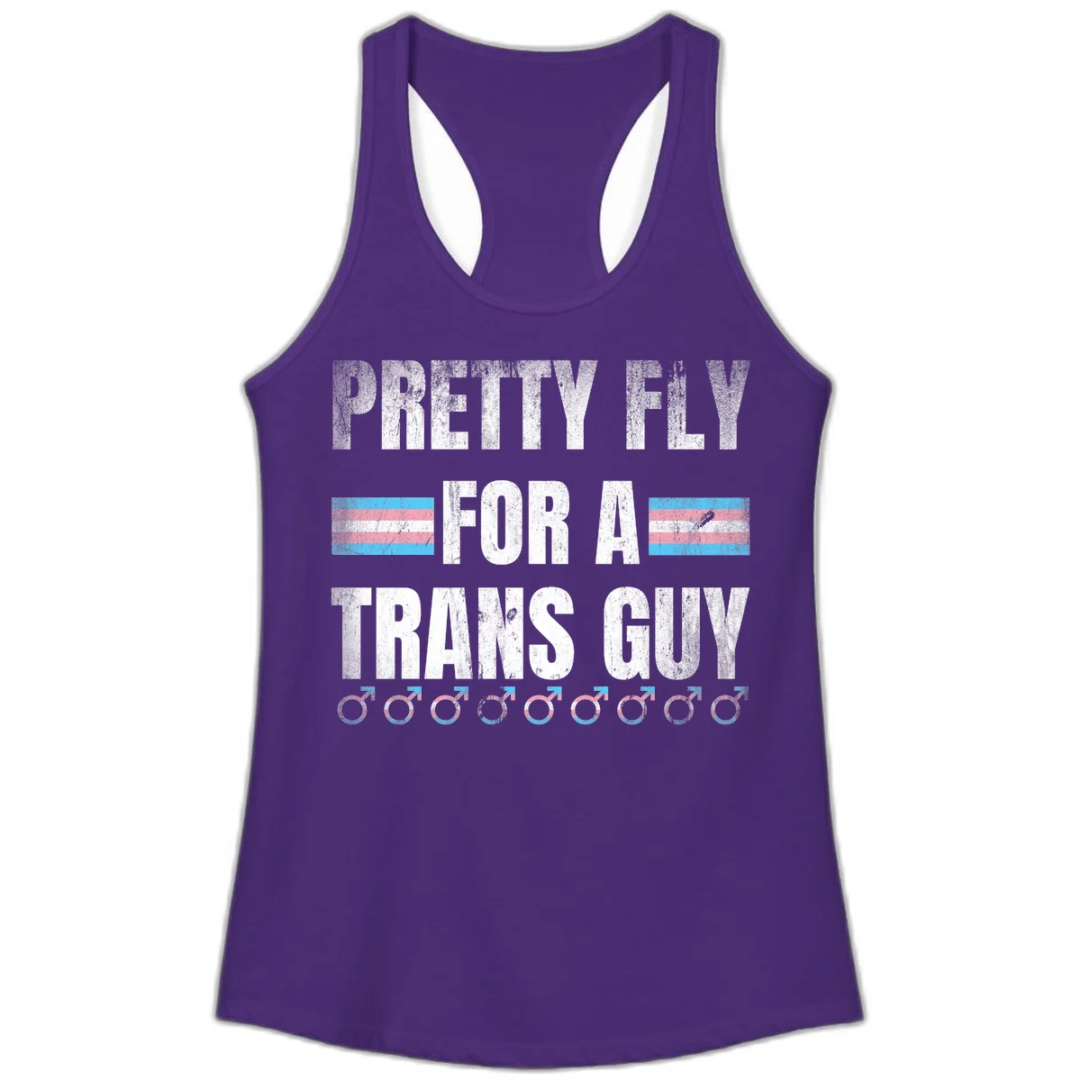 Distressed white text reading 'Pretty Fly For A Trans Guy' with blue and pink transgender pride stripes and male gender symbols in Solid Purple Rush