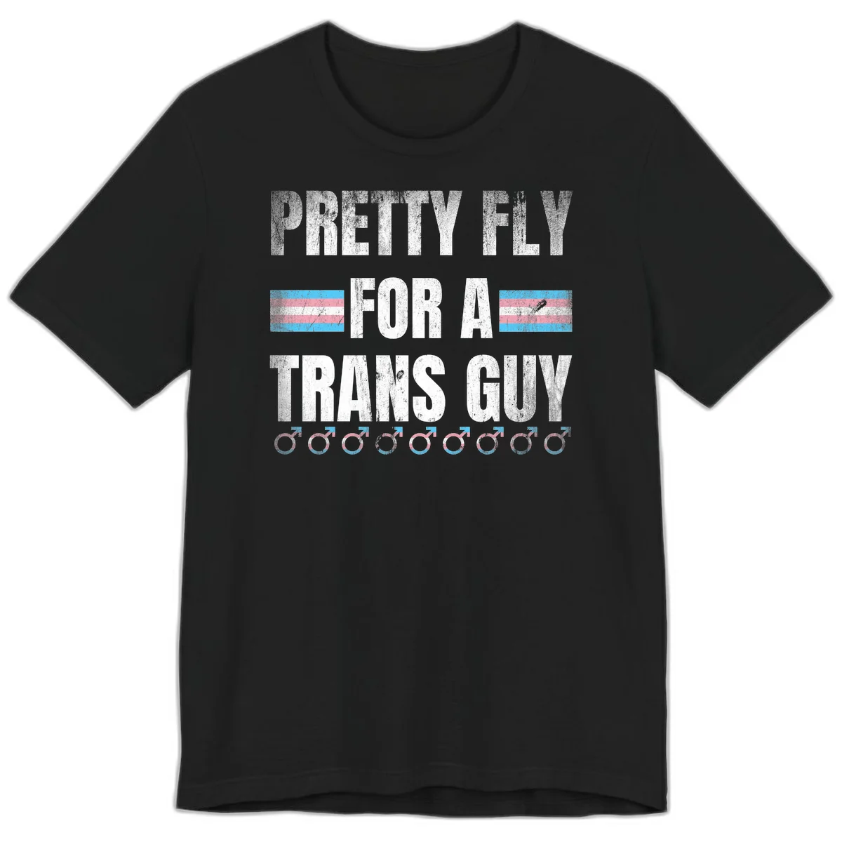 Distressed white text reading 'Pretty Fly For A Trans Guy' with blue and pink transgender pride stripes and male gender symbols in Black