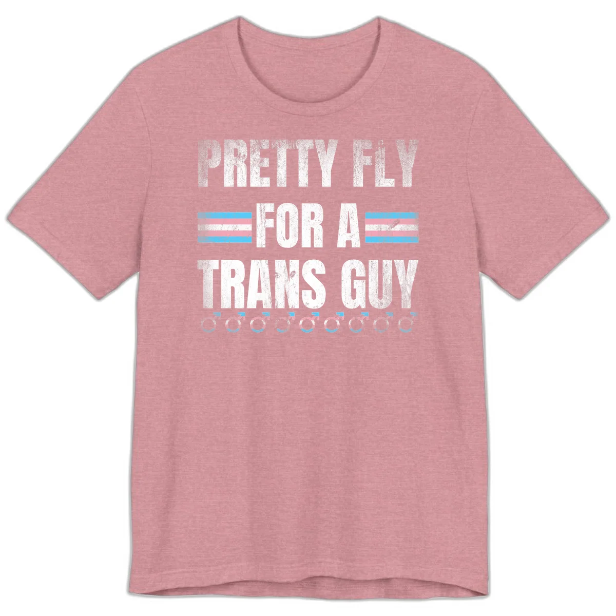 Distressed white text reading 'Pretty Fly For A Trans Guy' with blue and pink transgender pride stripes and male gender symbols in Heather Orchid