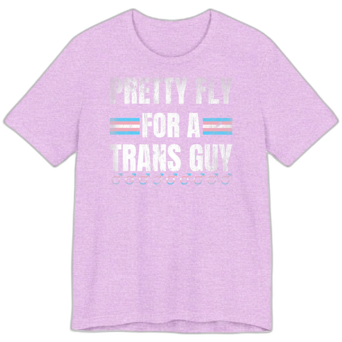 Distressed white text reading 'Pretty Fly For A Trans Guy' with blue and pink transgender pride stripes and male gender symbols in Heather Prism Lilac