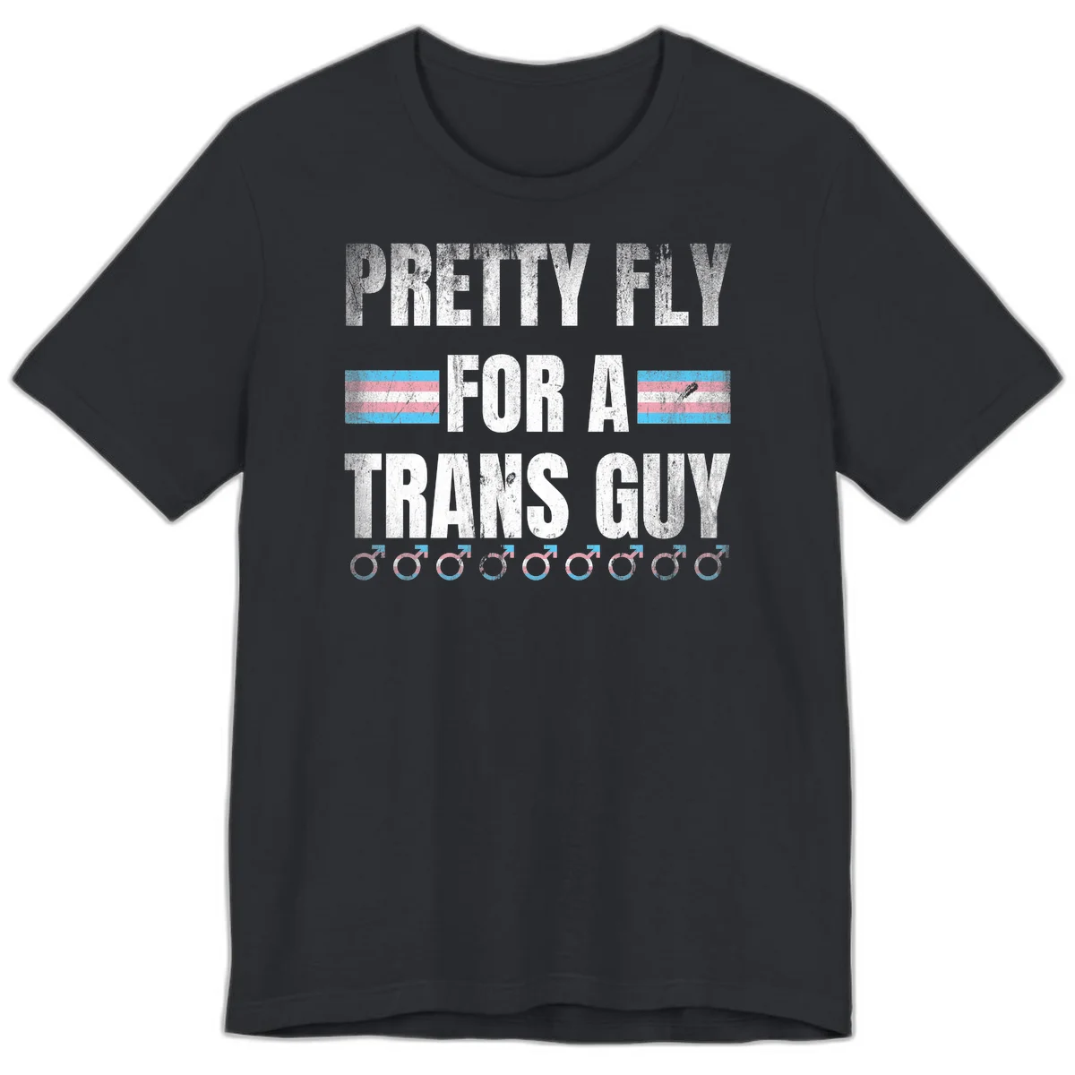 Distressed white text reading 'Pretty Fly For A Trans Guy' with blue and pink transgender pride stripes and male gender symbols in Vintage Black