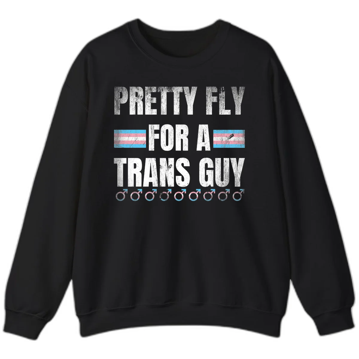 Distressed white text reading 'Pretty Fly For A Trans Guy' with blue and pink transgender pride stripes and male gender symbols in Black