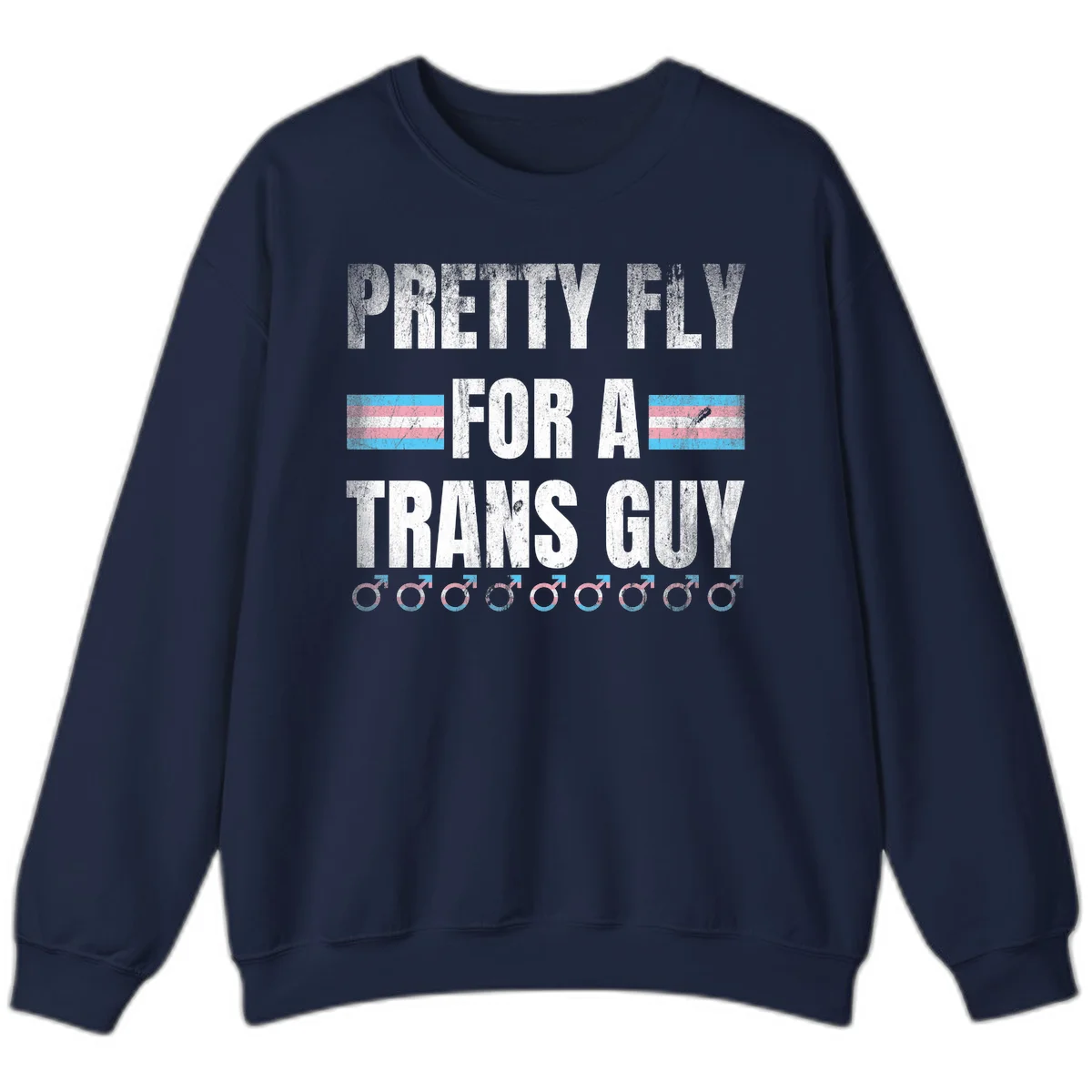 Distressed white text reading 'Pretty Fly For A Trans Guy' with blue and pink transgender pride stripes and male gender symbols in Navy