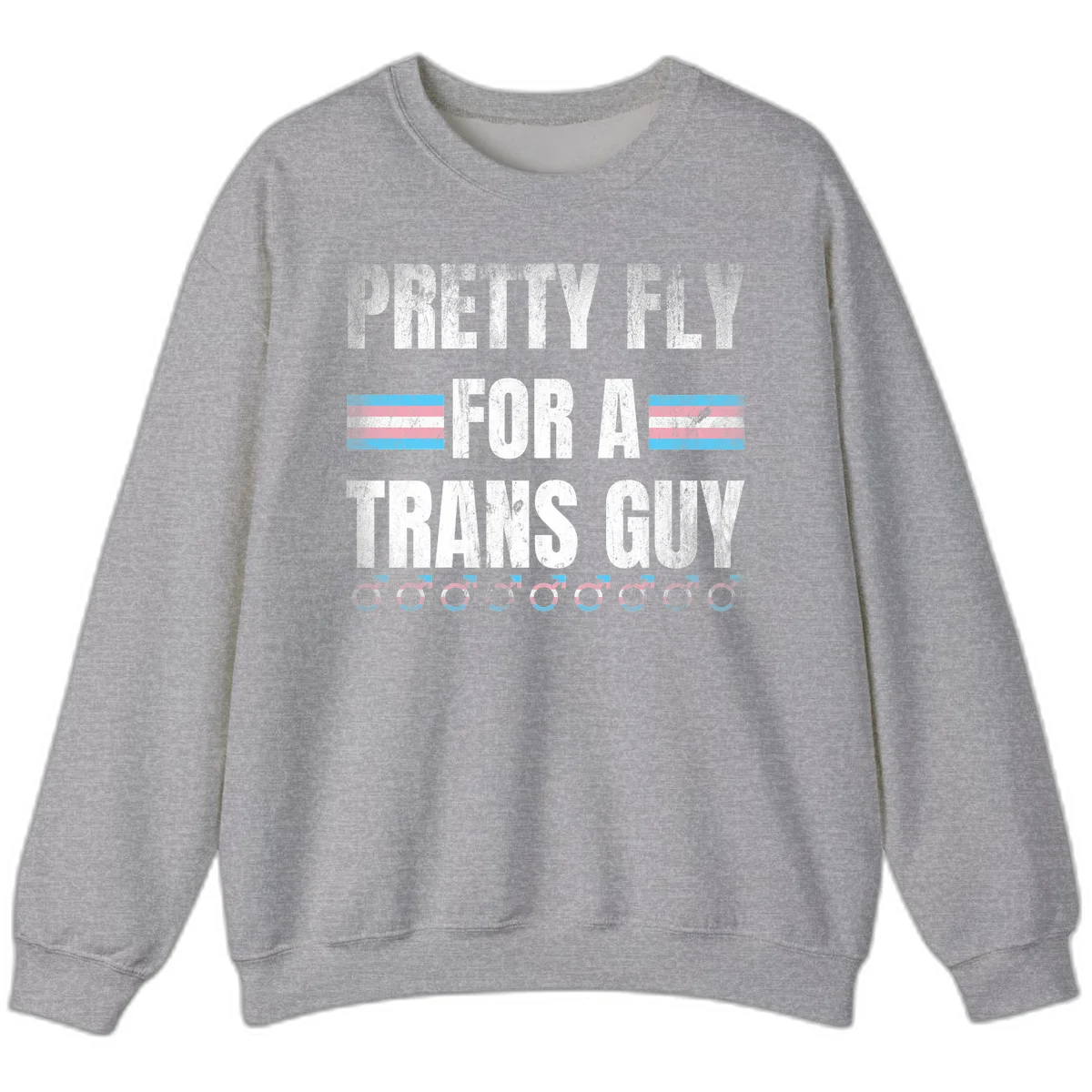 Distressed white text reading 'Pretty Fly For A Trans Guy' with blue and pink transgender pride stripes and male gender symbols in Sport Grey
