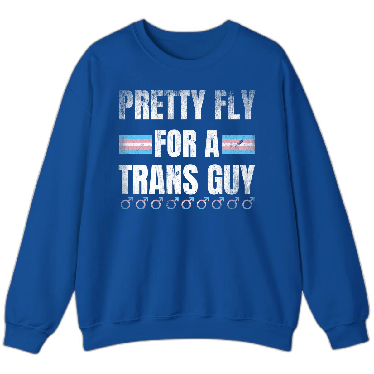 Distressed white text reading 'Pretty Fly For A Trans Guy' with blue and pink transgender pride stripes and male gender symbols in Royal