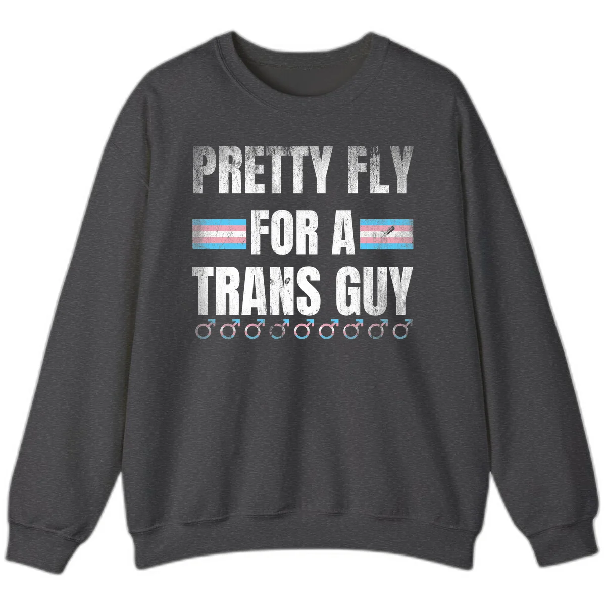 Distressed white text reading 'Pretty Fly For A Trans Guy' with blue and pink transgender pride stripes and male gender symbols in Dark Heather