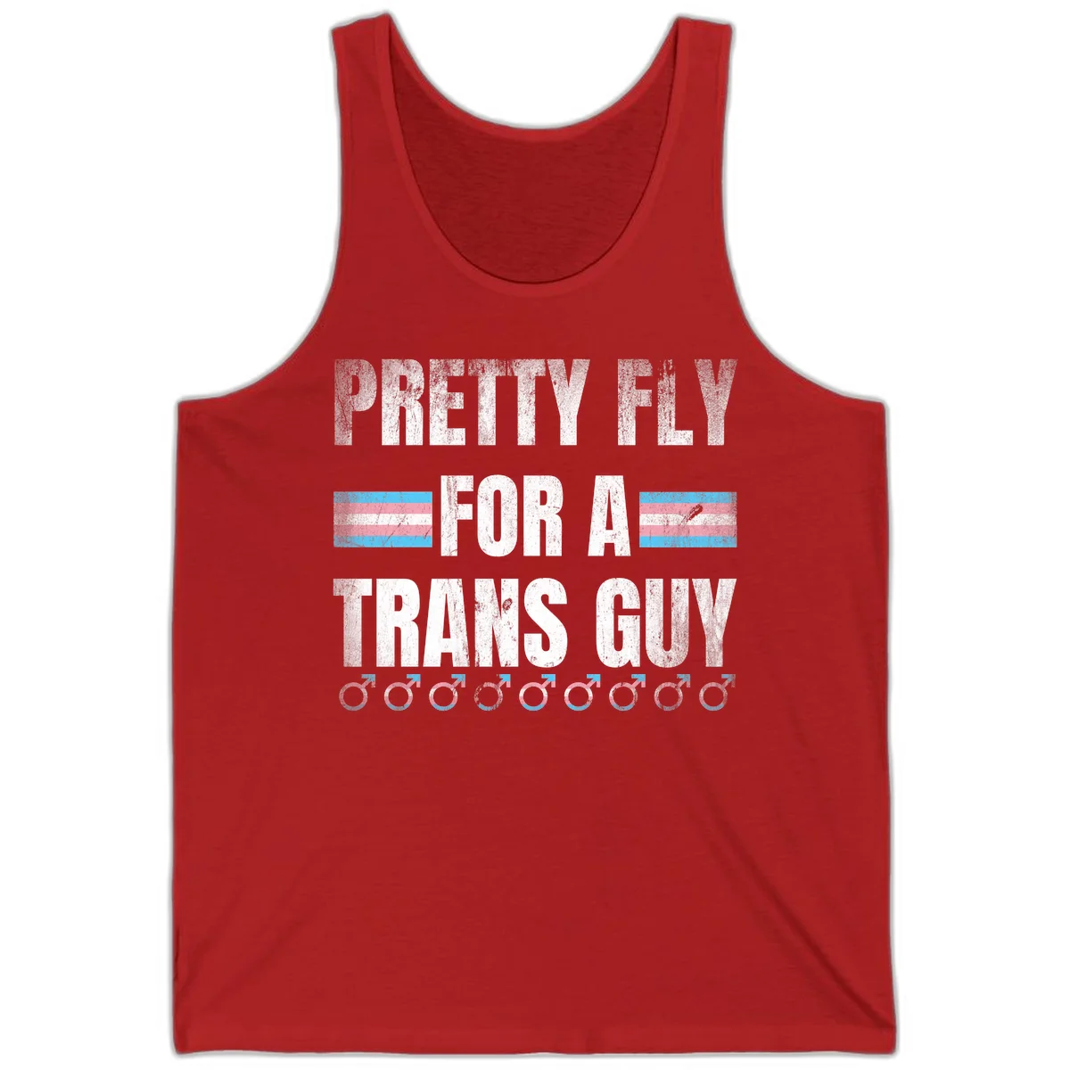 Distressed white text reading 'Pretty Fly For A Trans Guy' with blue and pink transgender pride stripes and male gender symbols in Red