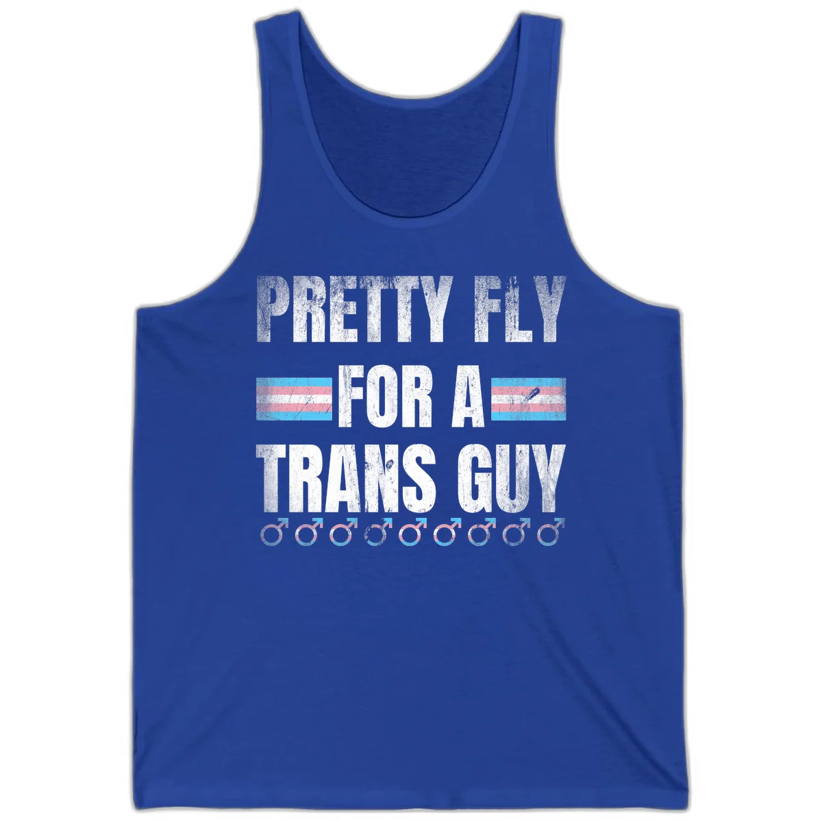 Distressed white text reading 'Pretty Fly For A Trans Guy' with blue and pink transgender pride stripes and male gender symbols in True Royal