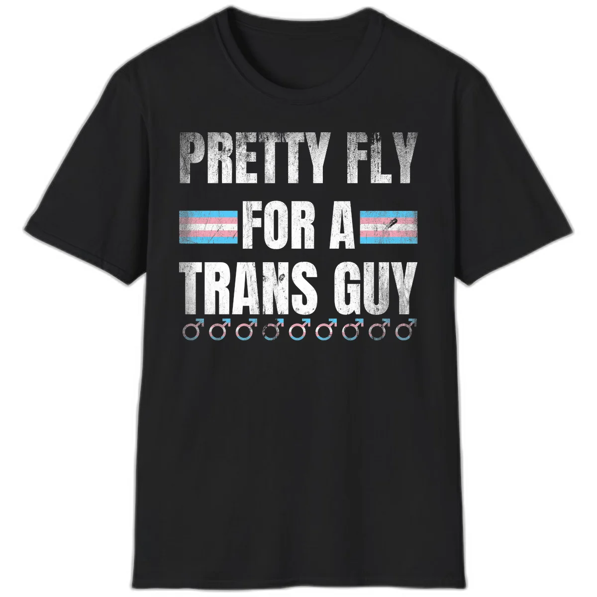 Distressed white text reading 'Pretty Fly For A Trans Guy' with blue and pink transgender pride stripes and male gender symbols in Black