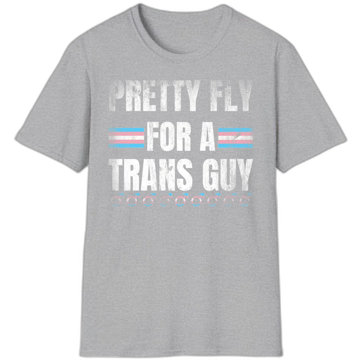 Distressed white text reading 'Pretty Fly For A Trans Guy' with blue and pink transgender pride stripes and male gender symbols in Sport Grey