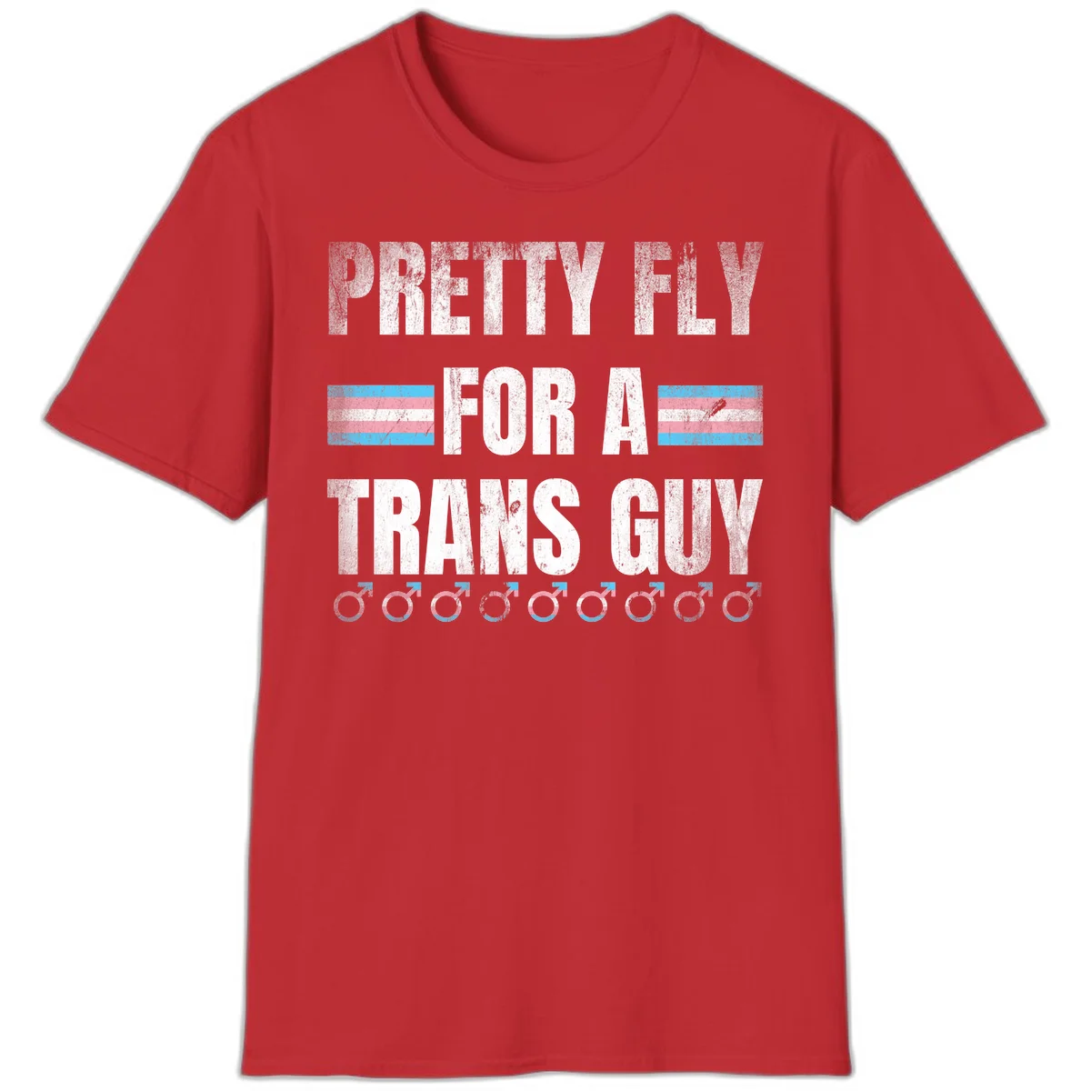 Distressed white text reading 'Pretty Fly For A Trans Guy' with blue and pink transgender pride stripes and male gender symbols in Red