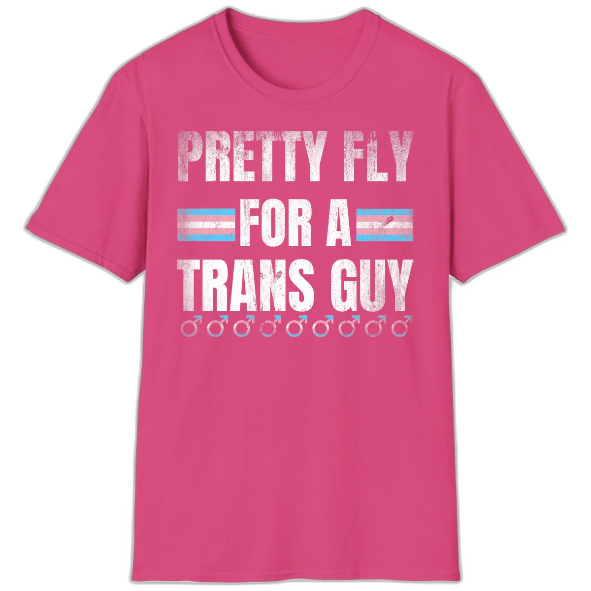 Distressed white text reading 'Pretty Fly For A Trans Guy' with blue and pink transgender pride stripes and male gender symbols in Heliconia