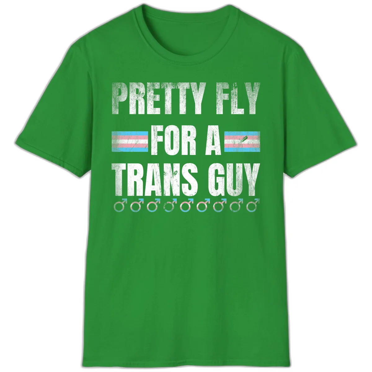 Distressed white text reading 'Pretty Fly For A Trans Guy' with blue and pink transgender pride stripes and male gender symbols in Irish Green