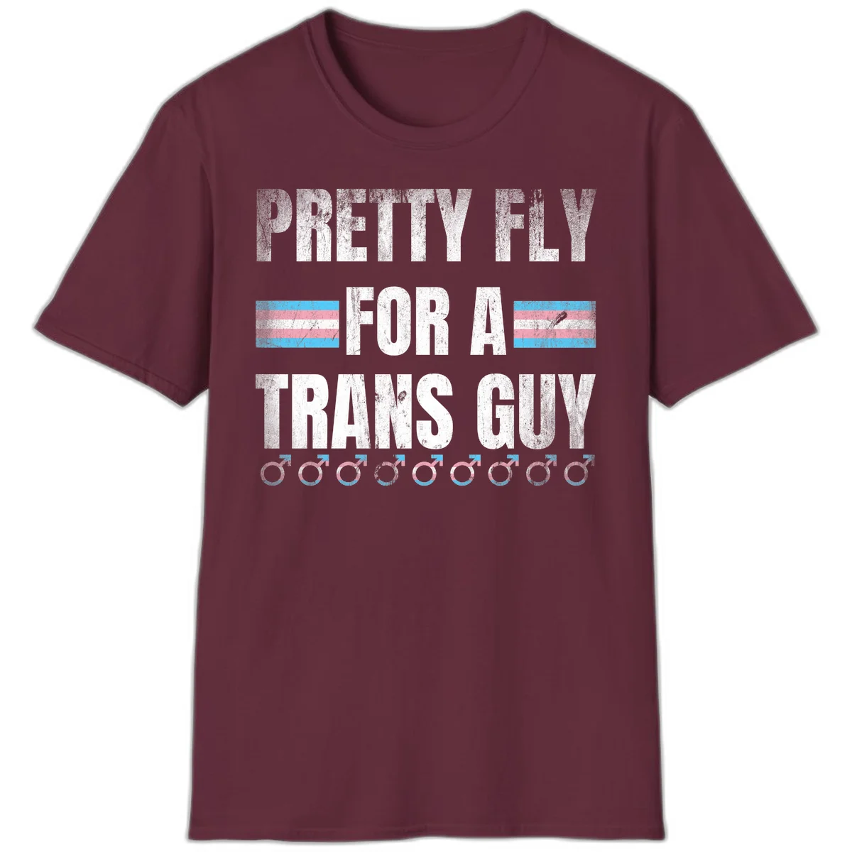Distressed white text reading 'Pretty Fly For A Trans Guy' with blue and pink transgender pride stripes and male gender symbols in Maroon
