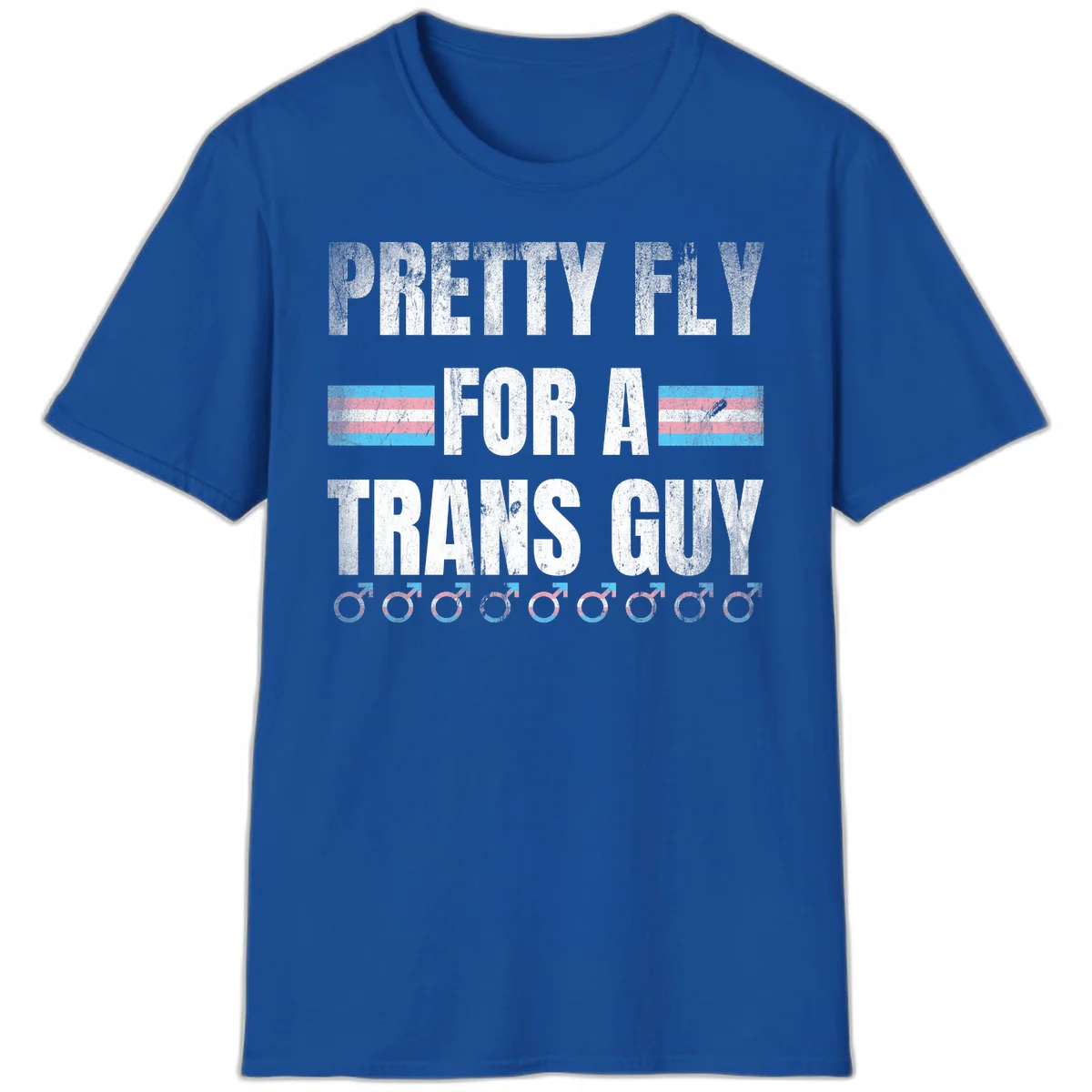 Distressed white text reading 'Pretty Fly For A Trans Guy' with blue and pink transgender pride stripes and male gender symbols in Royal