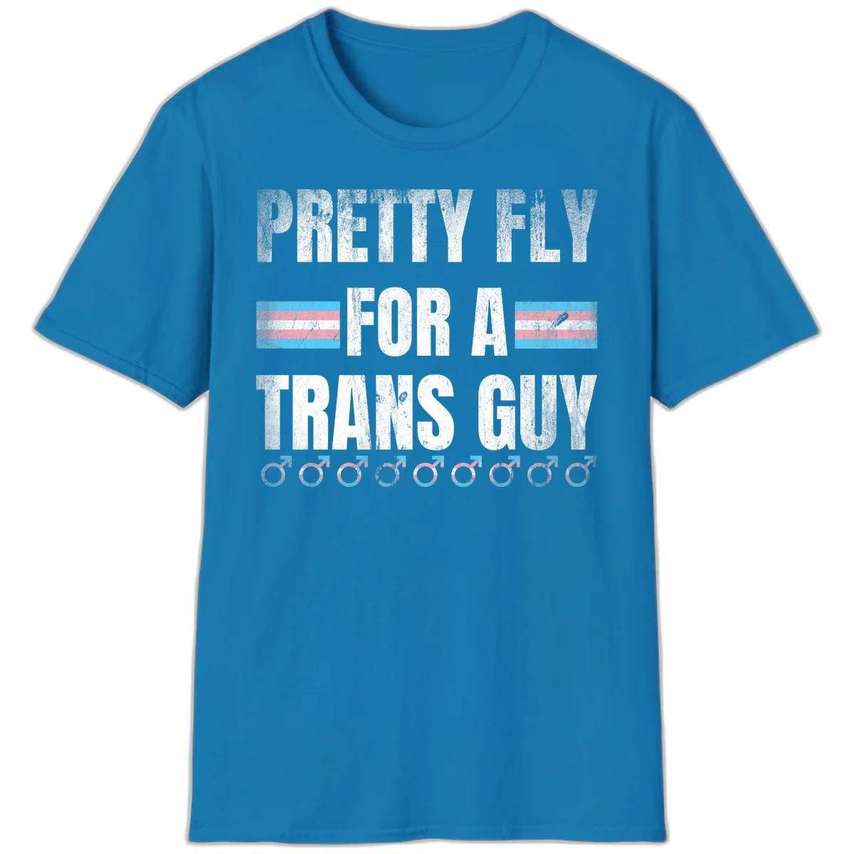 Distressed white text reading 'Pretty Fly For A Trans Guy' with blue and pink transgender pride stripes and male gender symbols in Sapphire