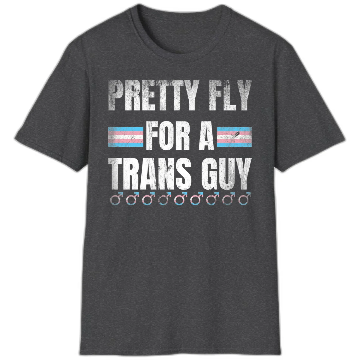 Distressed white text reading 'Pretty Fly For A Trans Guy' with blue and pink transgender pride stripes and male gender symbols in Dark Heather