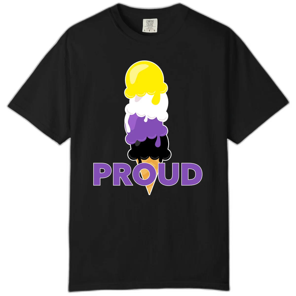 Colorful stacked ice cream cone with yellow, white, purple, and black scoops dripping down a waffle cone, with the word PROUD below in Black