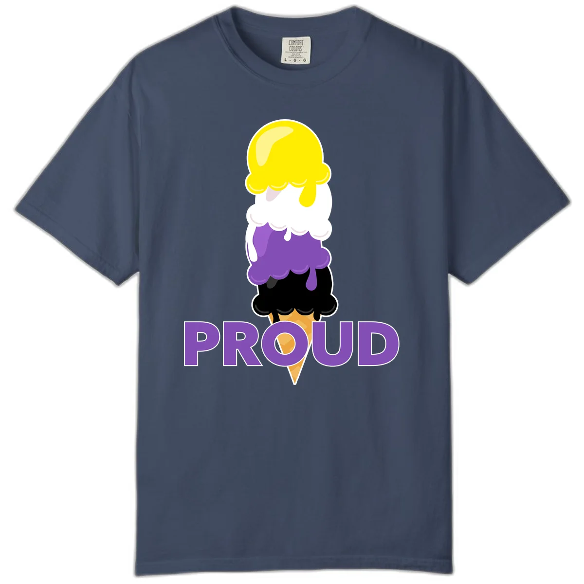 Colorful stacked ice cream cone with yellow, white, purple, and black scoops dripping down a waffle cone, with the word PROUD below in Midnight