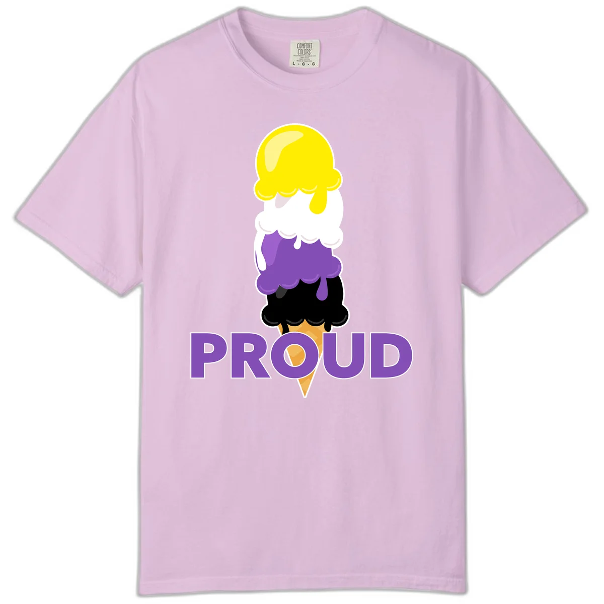 Colorful stacked ice cream cone with yellow, white, purple, and black scoops dripping down a waffle cone, with the word PROUD below in Orchid