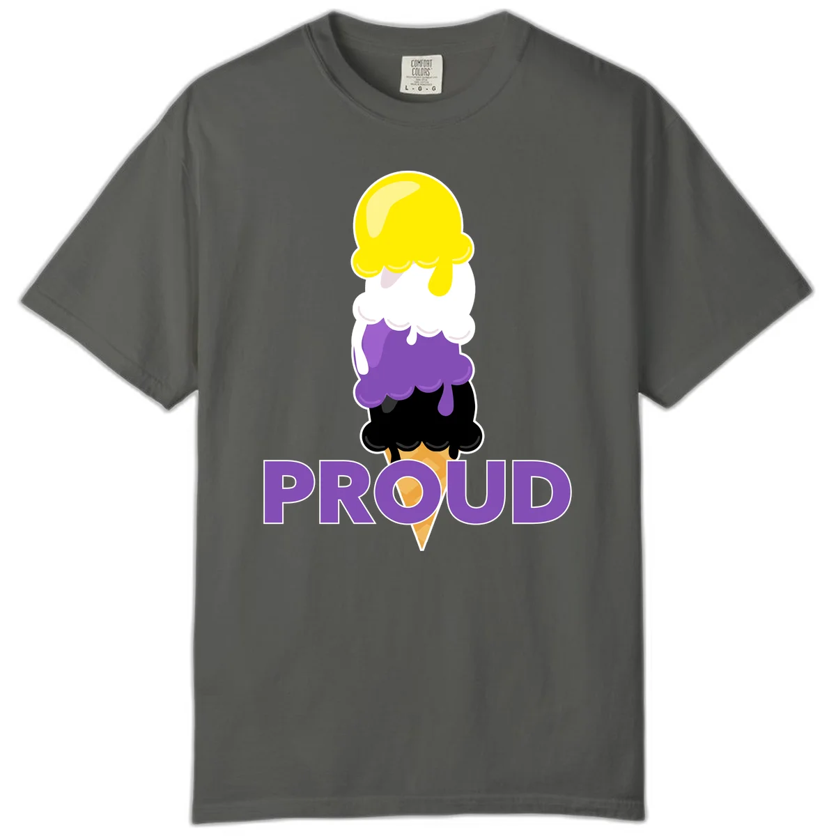 Colorful stacked ice cream cone with yellow, white, purple, and black scoops dripping down a waffle cone, with the word PROUD below in Pepper