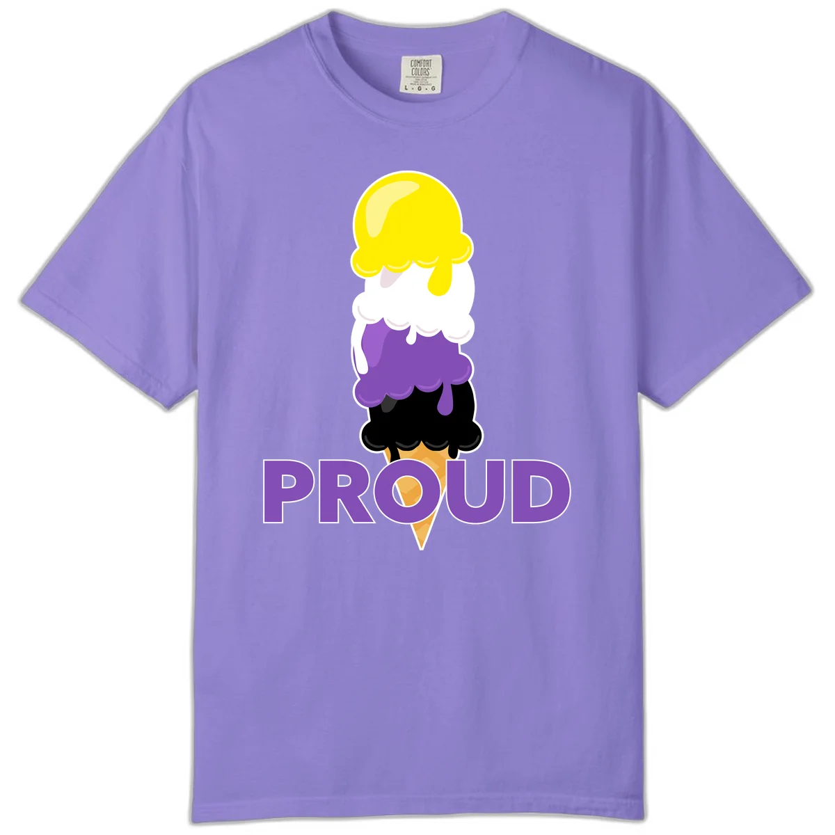 Colorful stacked ice cream cone with yellow, white, purple, and black scoops dripping down a waffle cone, with the word PROUD below in Violet