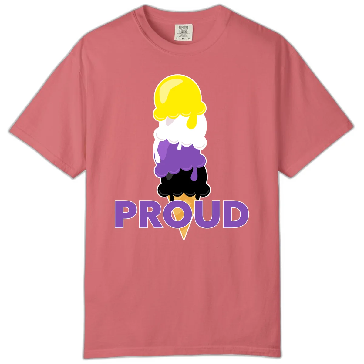 Colorful stacked ice cream cone with yellow, white, purple, and black scoops dripping down a waffle cone, with the word PROUD below in Watermelon
