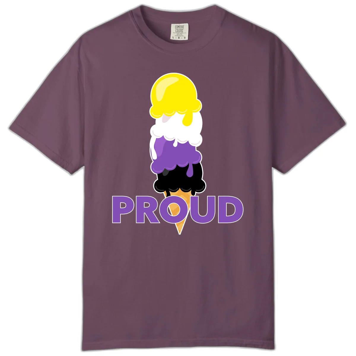 Colorful stacked ice cream cone with yellow, white, purple, and black scoops dripping down a waffle cone, with the word PROUD below in Berry