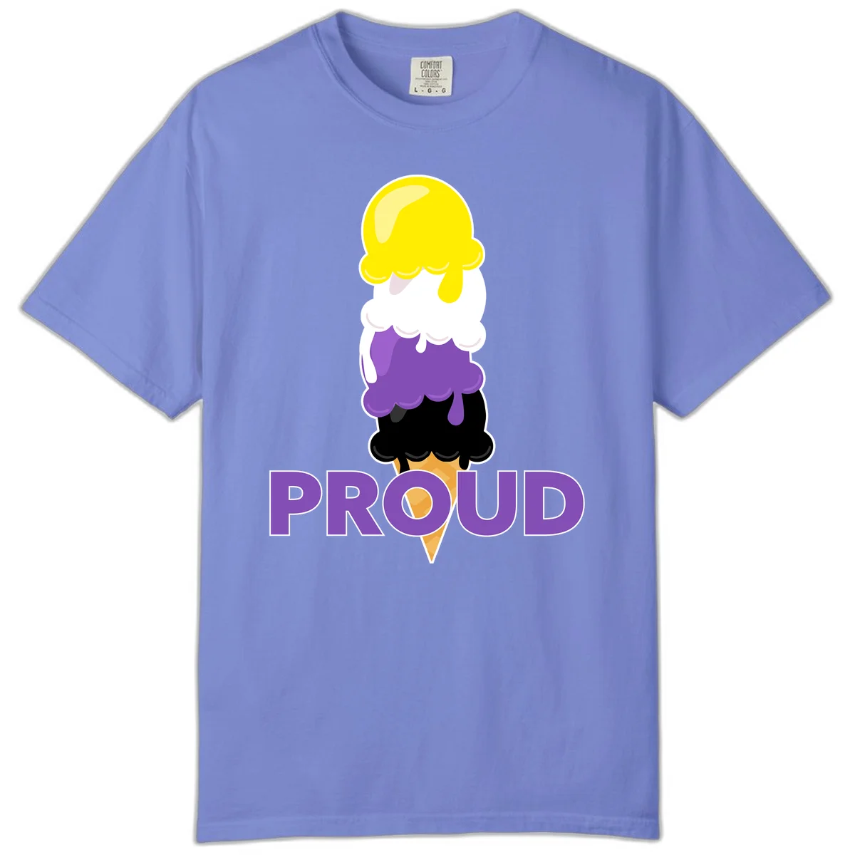 Colorful stacked ice cream cone with yellow, white, purple, and black scoops dripping down a waffle cone, with the word PROUD below in Flo Blue