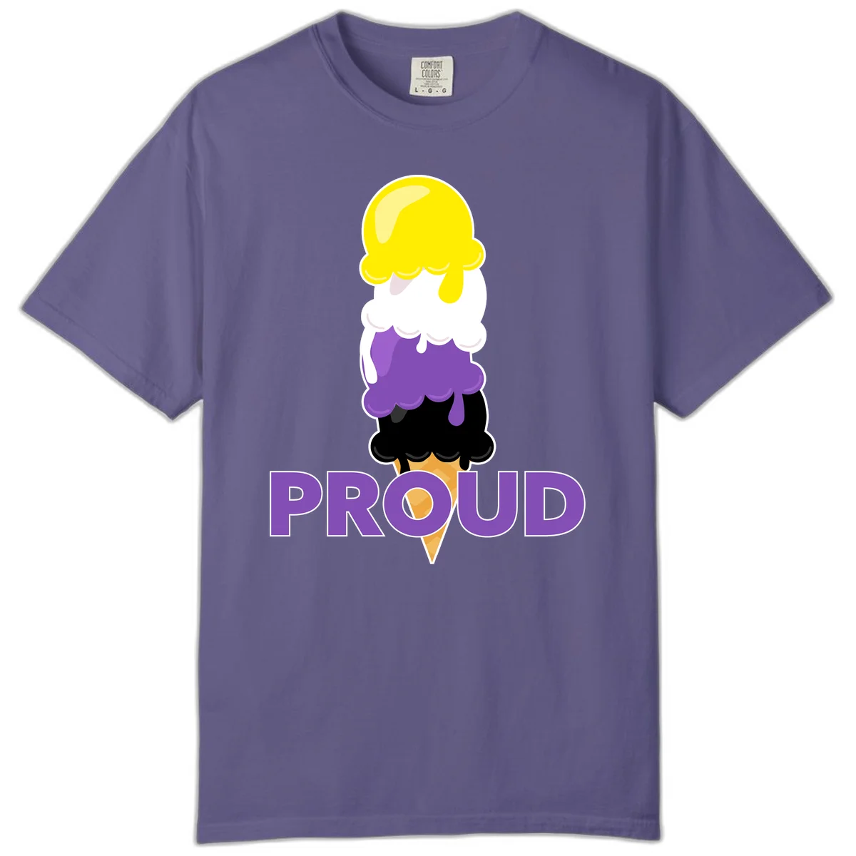 Colorful stacked ice cream cone with yellow, white, purple, and black scoops dripping down a waffle cone, with the word PROUD below in Grape