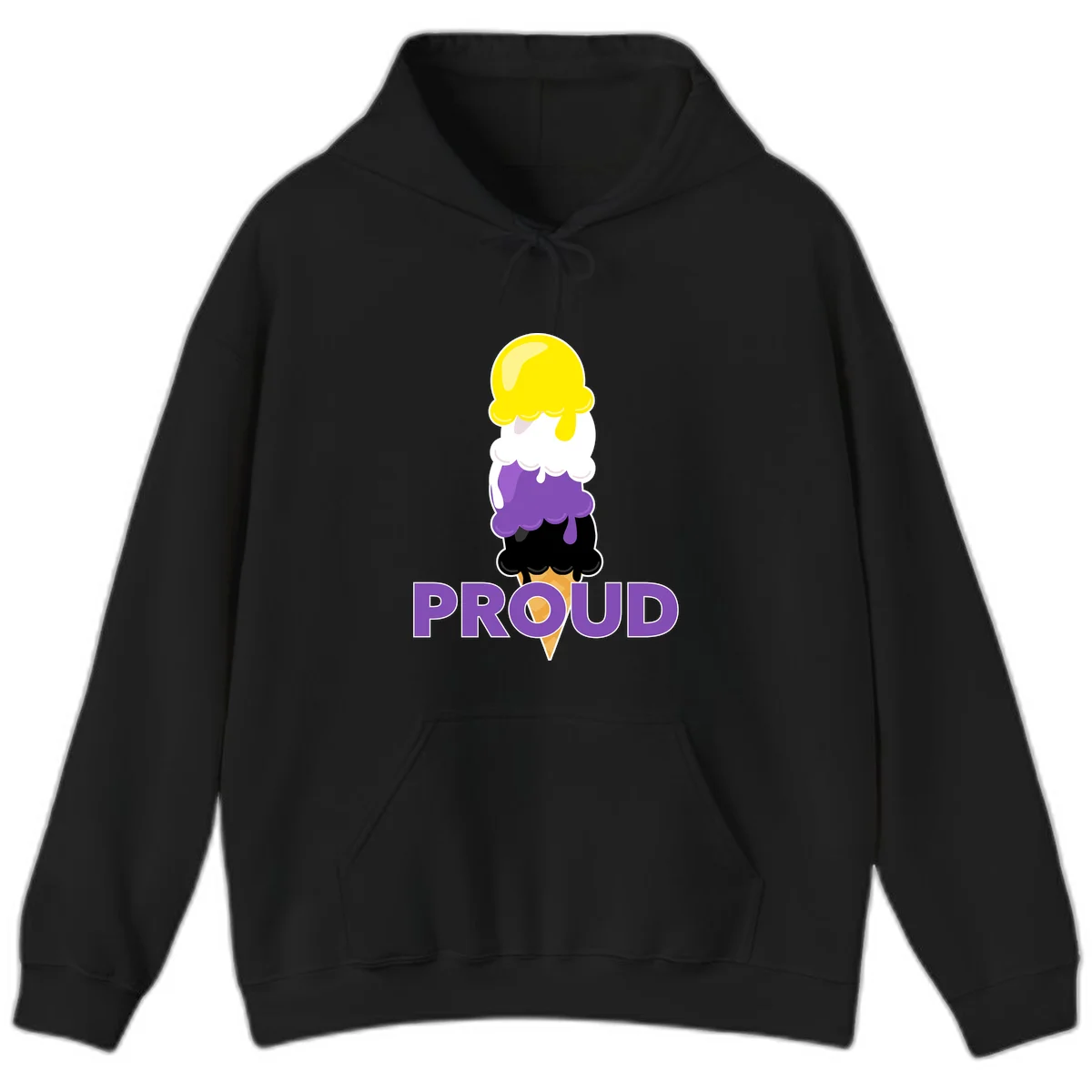 Colorful stacked ice cream cone with yellow, white, purple, and black scoops dripping down a waffle cone, with the word PROUD below in Black